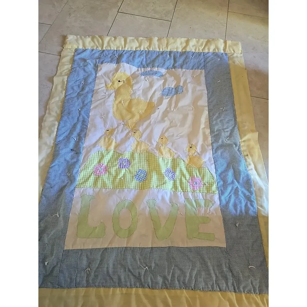 Cottagecore Baby Quilt Yellow Duck Appliqué‎ LOVE Nursery Wall Hanging Blanket